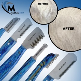 MuskalMed Professional Stripping Knife kit (6 Pieces Set) for Dogs & Pets, Wooden Handle Grip with Stainless Steel Blade (Right Handed) (Blue) VT-171