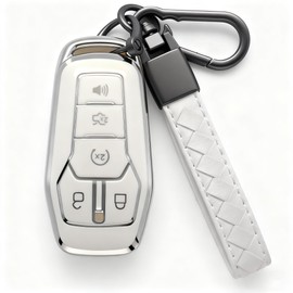 for Ford Key Fob Cover 5 Button Soft TPU with Keychain Full Protection Key Case Fits for Ford Fusion Mustang F150 Edge Explorer Lincoln MKZ MKC MKX Accessories, B White