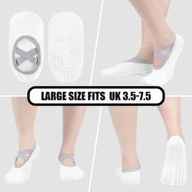 Pilates Socks Non-Slip 4 Pairs, Large Size Fits UK 3.5-7.5 / EU 36-41, Women's Yoga Socks with Grips & Straps for Pilates Equipment, Barre Workout & Ballet, Breathable Cotton Crew Socks