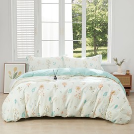 SAPHREAS Botanical Duvet Cover Set King Size 100% Cotton 3pcs Green Leaves Orange Floral Comforter Cover with Zipper Closure Garden Style Soft 1 Duvet Cover 2 Pillow Shams, Comforter Not Included