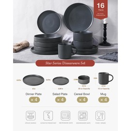 Famiware Star Dinnerware Set with Mugs, Service for 4 (16pcs), Ribbed Stoneware Plates and Bowls Dishes Sets - Chip & Scratch Resistant, Microwave & Dishwasher Safe, Matte Dark Charcoal