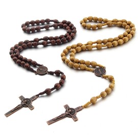 Pack of 2 Wooden Rosary Necklace for Men Women Catholic Cross Necklace Rosary Chain Jesus Cross Communion Gift Girls Natural Wood Prayer Chain Christian Religious Christening Fair Bible, Wood, No