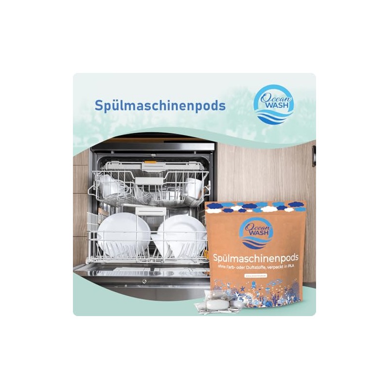 Dishwasher pods without plastic, colours and fragrances, biodegradable dish washing