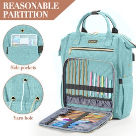 Knitting Bag Backpack, Yarn Organizer with USB Charging Port, Quilted Backpack for Women, Mother's Day Gift Large Travel Crochet Bag Totes for Crochet Hooks, Knitting Needles, Yarn Supplies, Teal