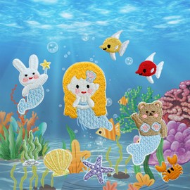 MXCOIRTP 15PCS Mermaid Self Adhesive Stickers Iron on Patches for Girl, Funcolor Sea Beach Embroidered Applique Sew on Patch for Birthday Parties, Clothes, Hats, Jeans, Dress, Backpacks