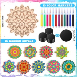 Vercraft 18 Pcs DIY Wooden Mandala Magnets Diwali Crafts Color Your Own Small Self Adhesive Magnet for DIY Craft Fridge Refrigerator Pendants(Floral Style)