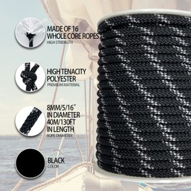 Sutekus 5/16" Accessory Cord Rope High Strength Utility Paracord 8mm Reflective Paracord Hiking Fishing Packaging 130FT (Black)