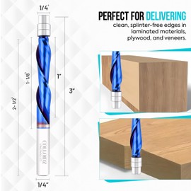 Downcut Spiral Flush Trim Router Bit 1/4 Inch Shank, Top Bearing Carbide Pattern Flush Trim Router Bit with Nano Coating, 1 Inch Cutting Height (1/4" Shank Down-Cut)
