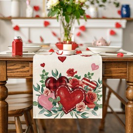 Artoid Mode Red Roses Flowers Eucalyptus Valentine's Day Table Runner, Wedding Kitchen Dining Table Decoration for Home Party Decor 13x72 Inch