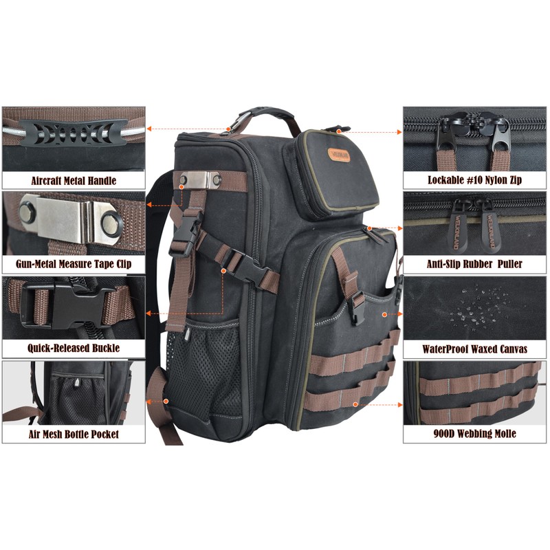 WELKINLAND Waxed-Canvas Tool Backpack - Heavy-Duty Electrician Backpack with HVAC