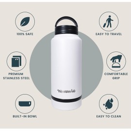 Pawowie Water Bottle and Bowl | 32 Oz Stainless Steel | For Travel, Hiking, Dog, Cat Walking, Personal or Car Use | All-in-one White | Insulated | BPA-Free |