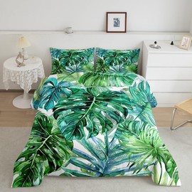 Feelyou Palm Leaf Comforter Set Queen Size for Kids Hawaiian Tropical Botanical Bedding Set for All Season Green Palm Tree Decor Soft Comforter + 2 Pillow Shams Boys