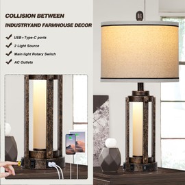 Farmhouse Lamps with USB A+C Charging Ports & AC Outlet, Rustic Vintage Industrial Table Lamps Metal Lamp with Glass LED Night Light & Beige Fabric Shade for Living Room Bedrooms Nightstand Bronze
