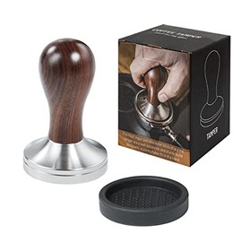 Coffee Tamper 53mm Espresso Press with Tamper Mat 304 Stainless Steel Flat Base Wooden Handle for Coffee Grounds Barista Espresso Machines Accessory
