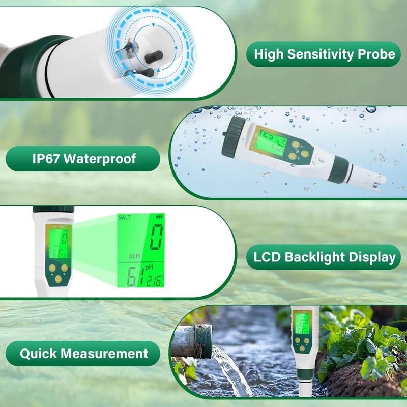 PH Meter Water, Aideepen PH/EC/TDS/Salinity/Thermometer 5-in-1 pH Value Meter with