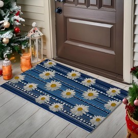 Jvpke Floral Door Mat, White Daisy Flower Outside, Bath Mat, Welcome Mats for Front Door Outdoor Entrance, Blue Front Door Mats, Daisy Lover Gifts, 17x30 Inches