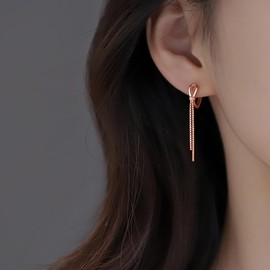 SLUYNZ 925 Sterling Silver Hoop Earrings Tassel for Women Teen Girls Bow Hoop Earrings Huggie Dangling Chain (C-ROSE GOLD)