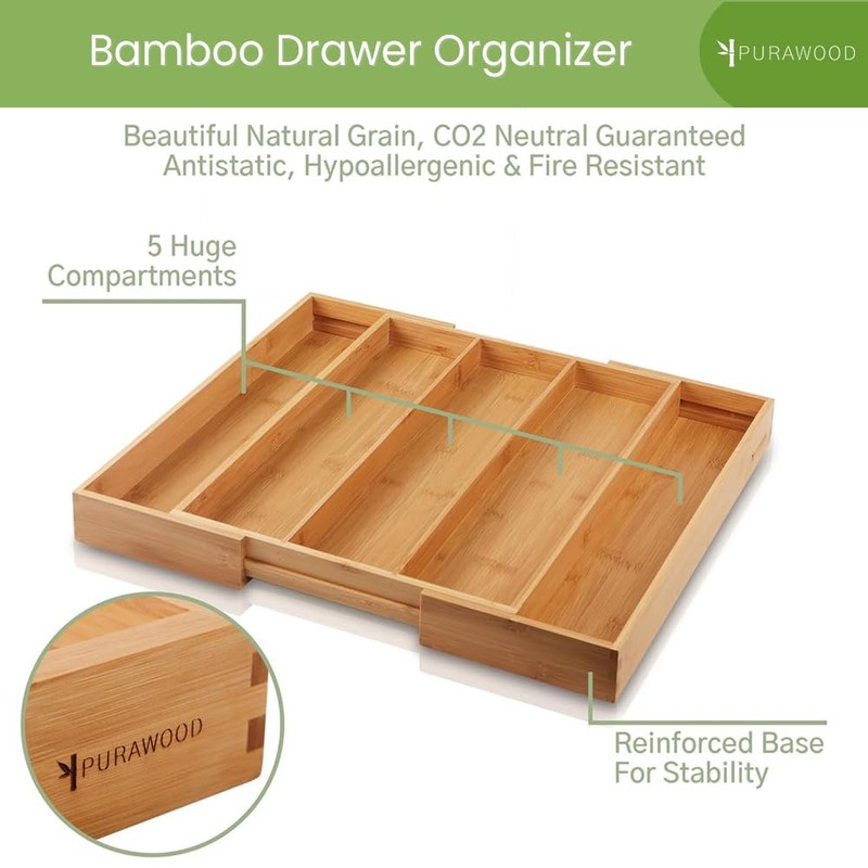Purawood Kitchen Drawer Organizer - Expandable Utensil Drawer Organizer for
