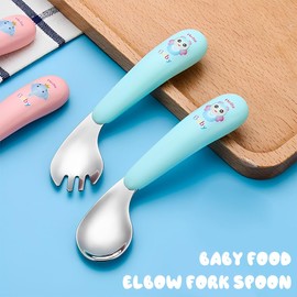 Children's Cutlery Set Curved Handle Training Spoon Forks Stainless Steel Baby Spoon Fork Curved Feeding Spoon Baby Spoon Fork Set Handle Heat Resistant Self-Learning Spoon (Blue)