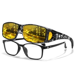 LVIOE anteojos envolventes de visión nocturna, se ajustan sobre anteojos graduadas con lentes amarillas polarizadas para conducción nocturna, Marco de tinta de agua negra A13/lentes amarillas de