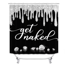 Camille&Andrew 4PCS Get Naked Shower Curtain Set, Luxury Jewelry Shining Diamond Funny Quotes Modern Bathroom Decor, Waterproof Fabric Black Shower Curtain, Non-Slip Bath Mat, Silver Dripping Glitter