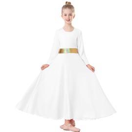 TLMNU Girls Praise Dance Dress Metallic Gold Liturgical Worship Church Robe Full Length Swing Lyrical Costume,White,Tag140 9-10Years…