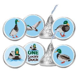 150pcs One Lucky Duck Party Favor Stickers,Duck Hunting Birthday Party Themed Birthday Label Stickers Round Mini Chocolate Candy Wrappers,Mallard 1st Birthday Party Favor Labels