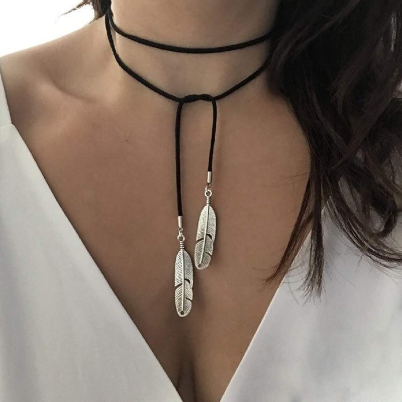 Doubnine Boho Feather Choker Wrap Versatile Necklace Vegan Suede Lariat