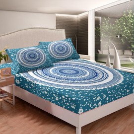Feelyou Boho Mandala Bed Sheet Set Bohemian Style Fitted Sheet Twin Size for Girls Women Bedroom Decor Hippie Mandala Printed Bedding Set Decorative Exotic Floral Printed Bed Cover Blue White