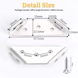 Pack of 20 Triangle Support Made of Stainless Steel, Triangle Shape Corner Bracket, Multifunctional Corner Bracket with 140 Pieces Screws, Stainless Steel Furniture Connectors, Repair Plate for Fixed