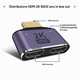 YINGAYOU Adattatore Splitter HDMI 1 a 2 Vie 2K@60Hz 8Gbps HDMI Splitter 1 Maschio 2 Femmina Supporta HD Video 1080p Compatibile con Tablet, Monitor, Proiettore, TV