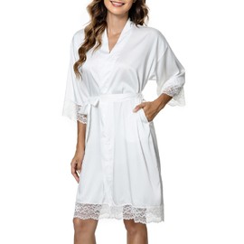 Tuopuda Women's Satin Kimono Dressing Gown Summer Nightdress Lace with Pockets Short Robe with Belt Floral Lace Sleepwear Sleepwear for Party Wedding Bride Bridesmaids, White
