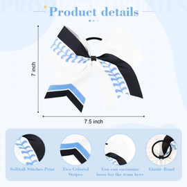 DEEKA 12 PCS Softball Cheer Bows 8" Softball Thread Large Cheer Hair Bows Ponytail Holder Handmade for Teen Girls Sports Cheerleader -White/Light Blue/Black