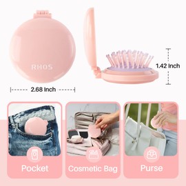 RHOS Folding Brush with Mirror for Women, Girls - Compact Pocket Portable Hair Brush with Soft Nylon Bristles for Purse and Travel (Pink)