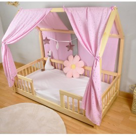 YellowNest Cabin Bed Linen (2-Piece) - 2 Canopy Cabin 80 x 160 / 90 x 190 / 140 x 200 cm - 100% Cotton Muslin with Garland (Pink, 130 x 320 cm (Set of 2)