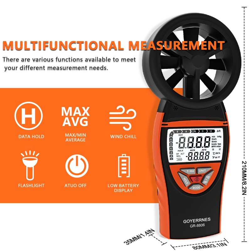 GOYERRNES Handheld Anemometer with Tripod, for Wind Speed Temp Humidity,