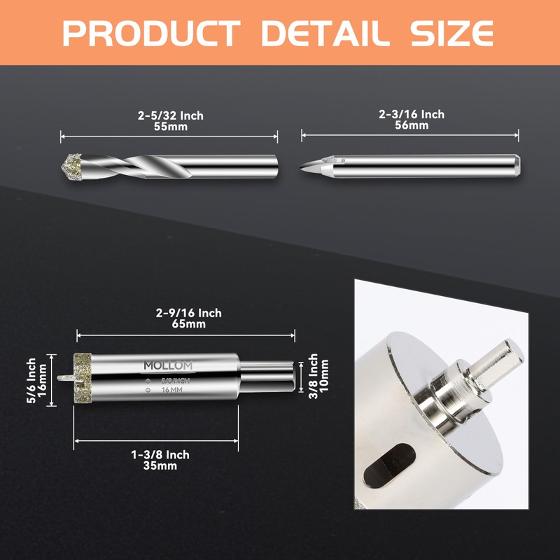 MOLLOM 1/4" (6mm) 2Pcs Diamond Hole Saw with 2Pcs Removable
