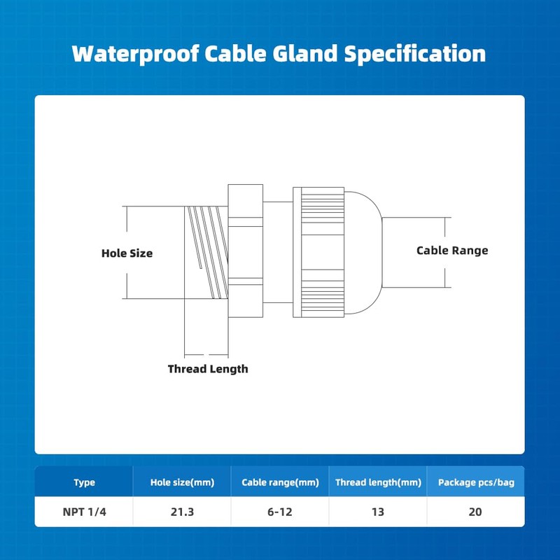 CGELE Cable Gland 20 Pack 1/4" NPT Waterproof Adjustable Connector