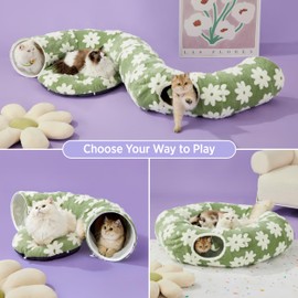 Lesure Large Cat Tunnel Bed for Indoor - Cute Cat Donut Tunnel with Washable Circle Cushion, Round Pet Peekaboo Cave Toy for Kitten/Puppy/Rabbit, Green