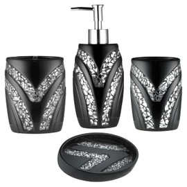 Zahari Home 4pc Sinatra Stylish Bathroom Accessories Set Black Soap Dispenser/Lotion Pump, Tumbler, Tooth Brush Holder and Soap Dish Modern Luxury Decor Bling Mosaic Glass Black Bathroom Accessories