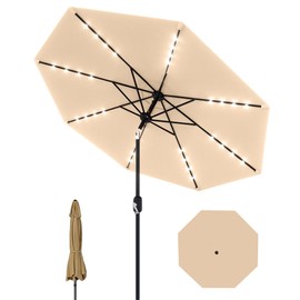 GarveeLife 9 Ft Patio Umbrella with Solar Lights, Outdoor Table Umbrella with 32 LED Lights & Tilt Crank, 8 Ribs Market Umbrella for Pool, Deck, Backyard, Tan