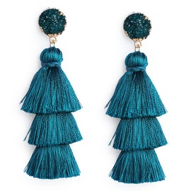 Peacock Blue Tassel Earring Drop Dangle Women Girls Statement Tiered Thread Fringe Earrings with Druzy Studs