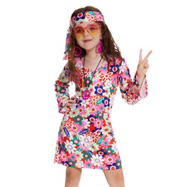 MRYUWB 70s Hippie Dress for Girls, 1970s Outfits Peace Sign Necklace Headband, 60s Themed Party Costumes for Kids 5-14 Years (Flower Power Pink, 7-8 Years)