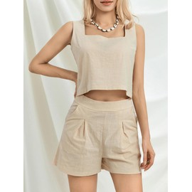 Edhomenn Women's Solid Color Vest Pants Sets Ribbed Square Neck Crop Tank Tops and Loose Shorts (H-Khaki, M)