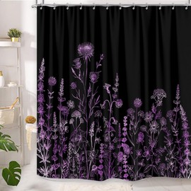 Vintage Black and Purple Boho Shower Curtain, Black Violet Floral Aesthetic Dark Wildflower Botanical Flowers Shower Curtain for Bathroom with Hook, Farmhouse Plant Art Chic Shower Curtain 72X72