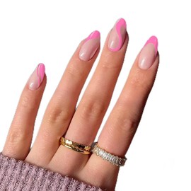 Press on Nails Medium Pink French Tip Almond Fake Nails Full Cover False Nails with Pink Swirl Designs Glossy Pink Nail Tip Acrylic Nails Artificial Nails for Women Girls 24 Pcs