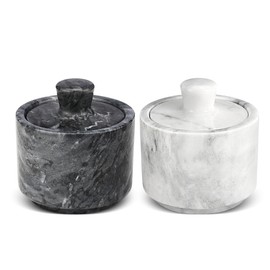 Flexzion Marble Salt Cellar with Lid, Multi-Purpose Marble Container for Salt, Pepper, Paprika and Powdered Herbs, Marble Box for Jewelry, Watches and Accessories (Set of 2, Black & White)