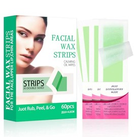 Tiras de cera facial para depilación, tiras de cera para cara, 60 unidades de depilación + 3 toallitas de aceite calmante, labio superior, barbilla, c