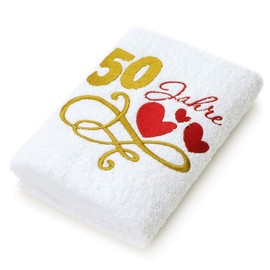 Abc Casa Gift Towel for 50th Birthday with Embroidered Hearts and 50 Years for Women and Women - 50th Anniversary Gift Idea - 50th Birthday Gift Idea