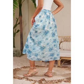 HERBATOMIA Women’s Floral Print Long Skirt Boho Ditsy High Elastic Waist Blue Summer Flowy Beach Midi Skirts for Women